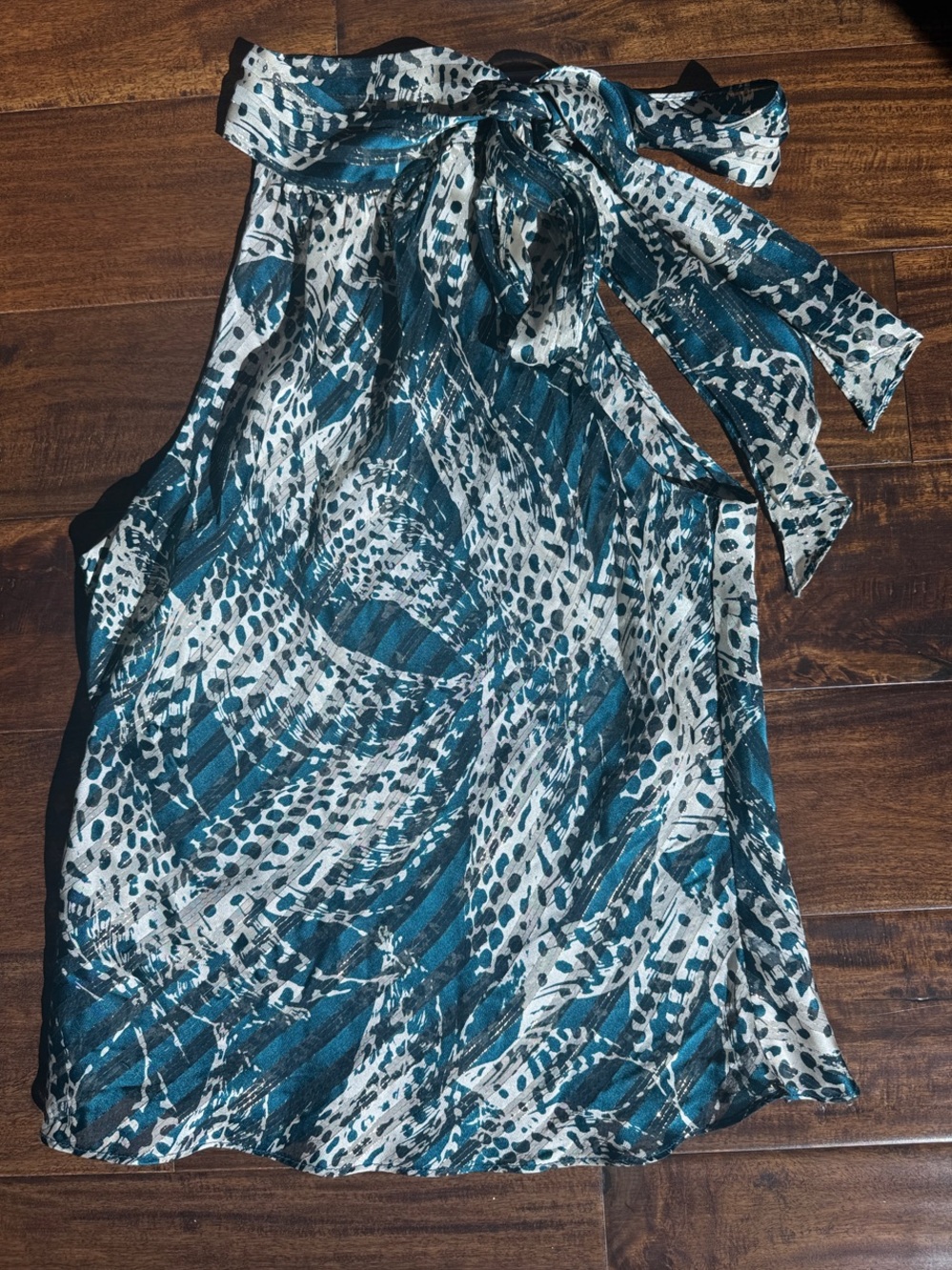 Milly Teal and Cream Metallic-Striped Animal Print Blouse - Picture 4 of 6